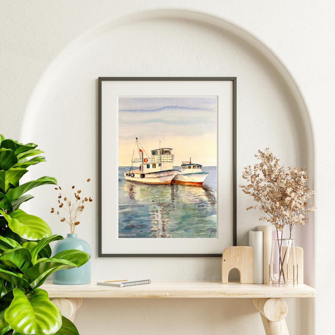 Sea Landscape Watercolor Painting Original Watercolor Art Handmade Watercolor Fishing Boat Painting Aquarelle Original 10x14 In - Image 5