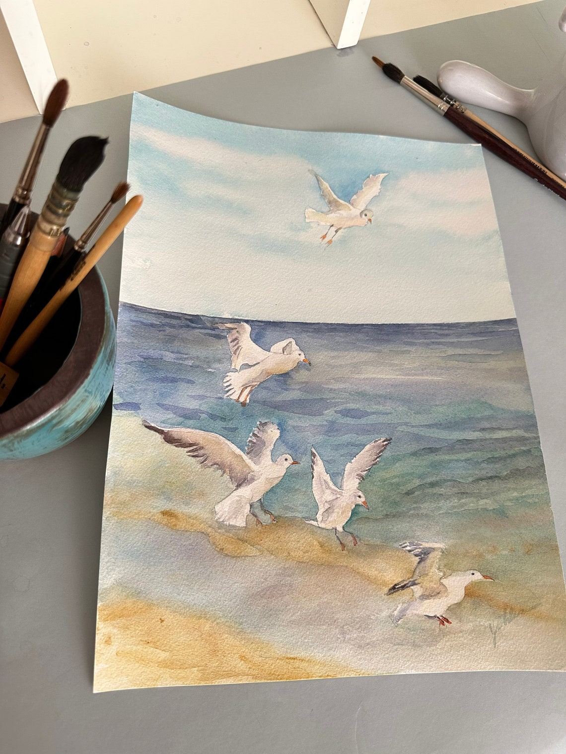 Seagulls Original Watercolor Painting Nautical Art Seagulls Artwork Seagulls On Seaside 10x14 In - Image 2