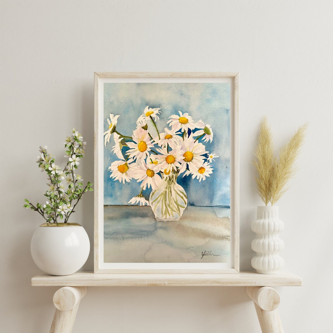 White Daisies in Glass Vase Watercolor Floral Still Life Poster - Image 6