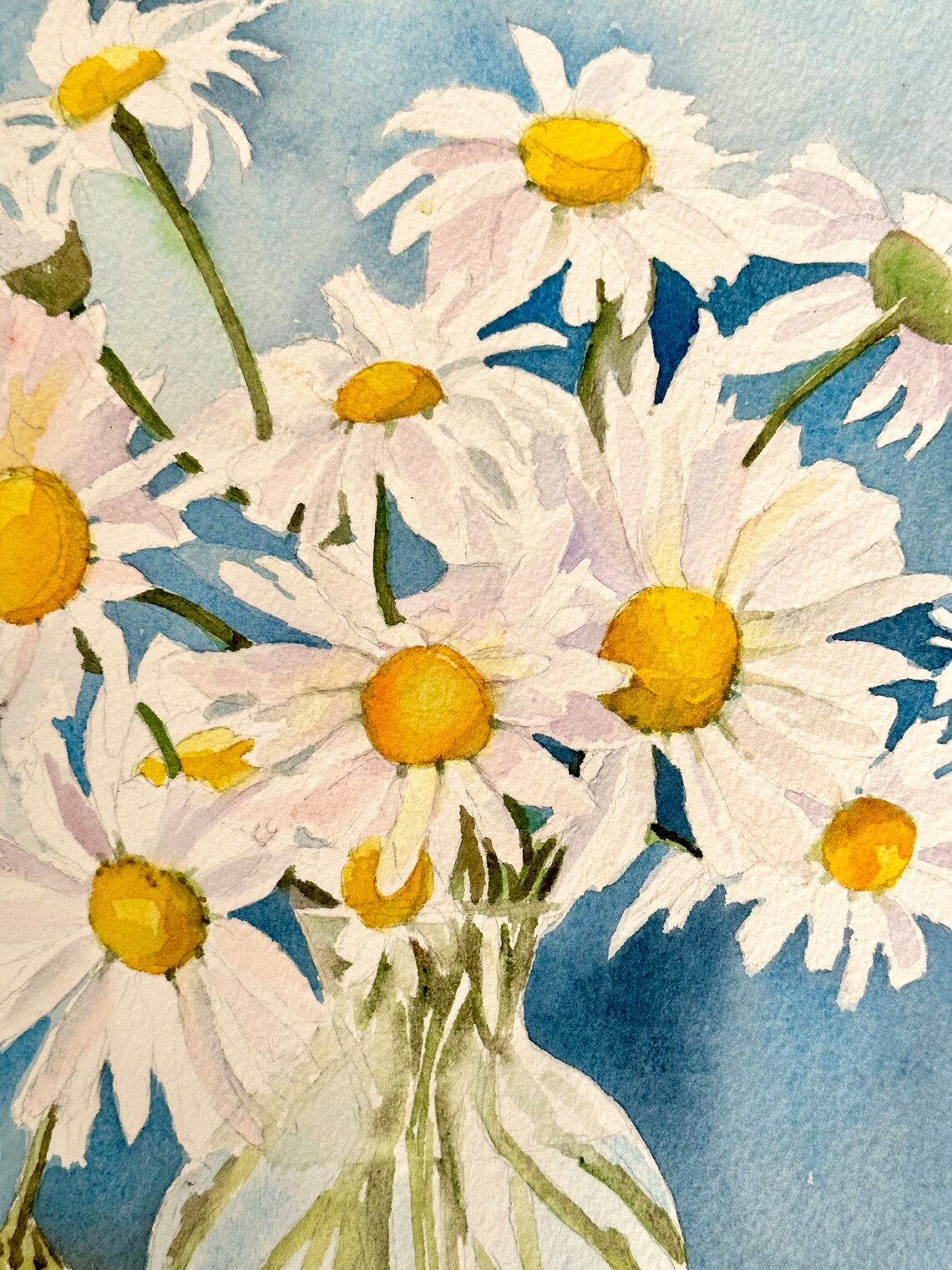 White Daisies in Glass Vase Watercolor Floral Still Life Poster - Image 3
