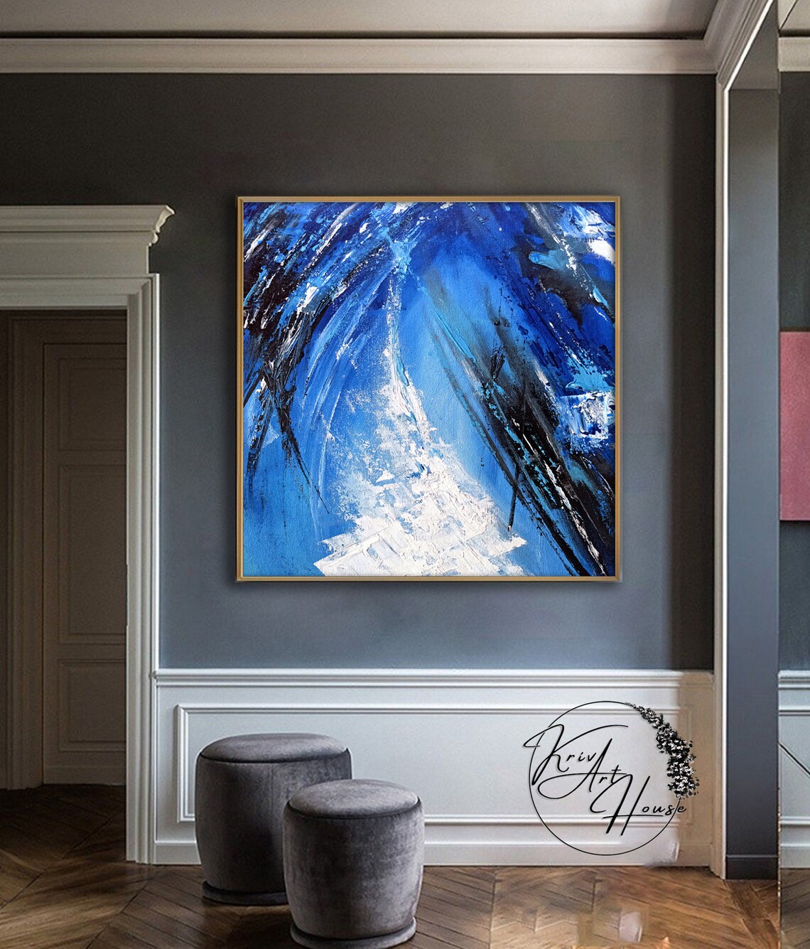 Stormy Blue Ocean Waves Bold Black White Strokes Art Wall Print - Image 3