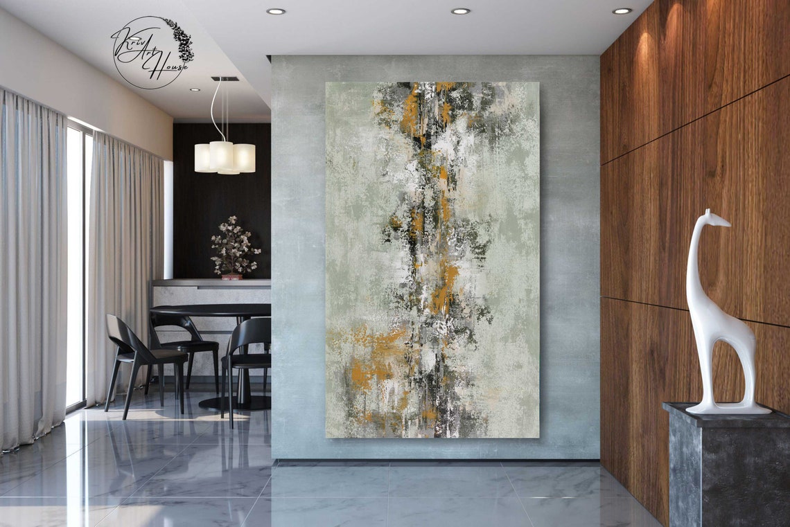 Sage Green Mustard Grey Distressed Vertical Abstract Wall Art - Image 2
