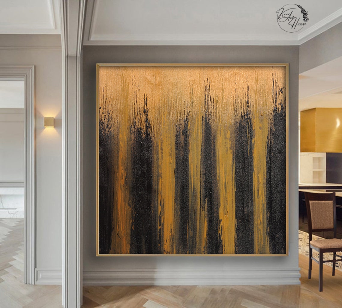 Black and Gold Striped Textured Abstract Horizontal Art Poster - Image 4