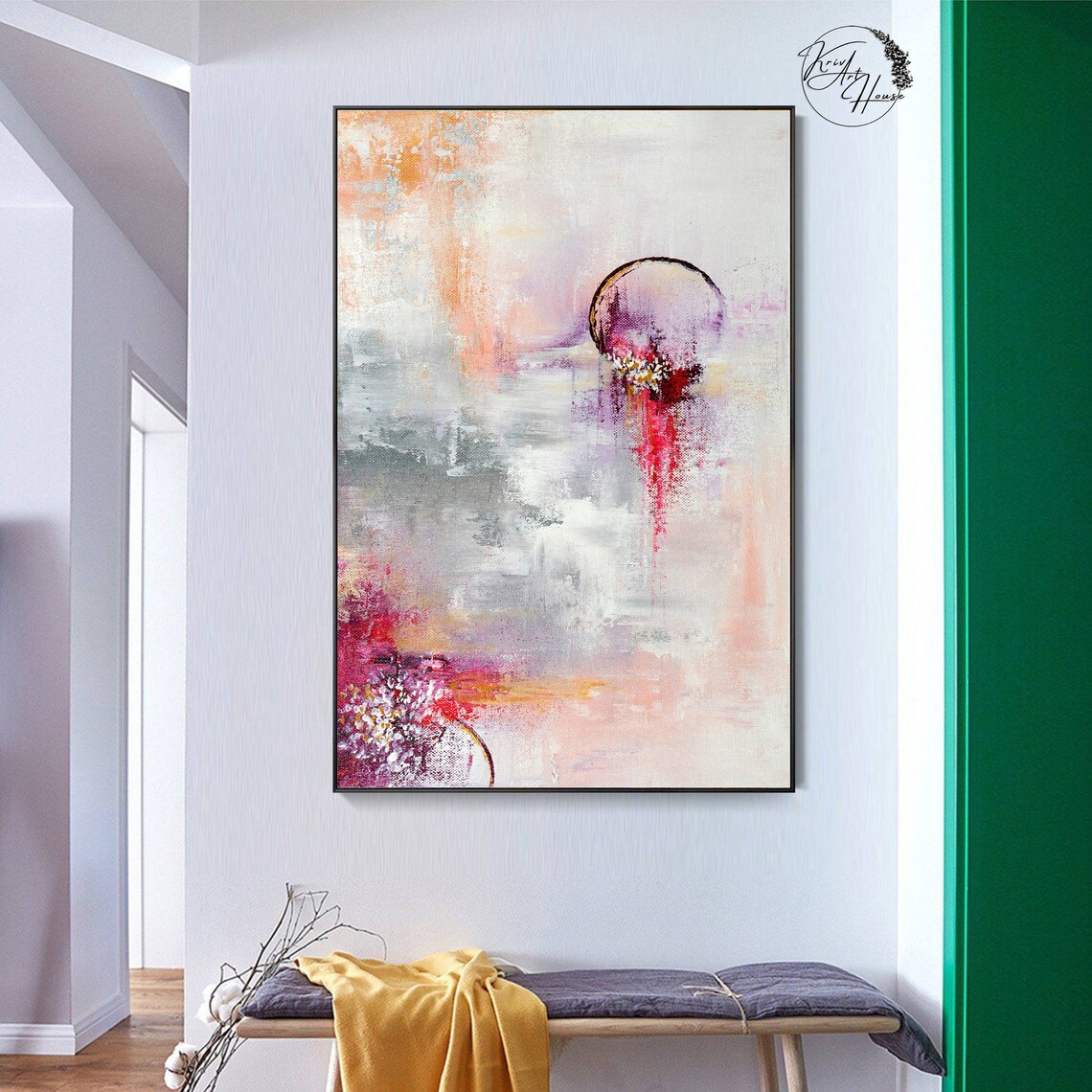 Soft Pink Floral Dots Textured Abstract Painting Bedroom Wall Poster - Image 2