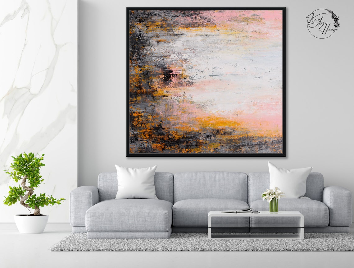 Soft Blush Pink Grey Gold Distressed Neutral Abstract Wall Art - Image 3