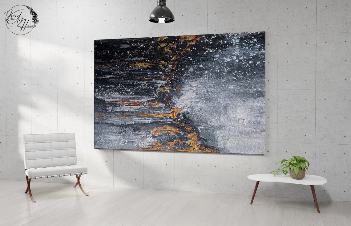 Dark Navy Gold Night Ocean Textured Abstract Horizontal Poster - Image 2