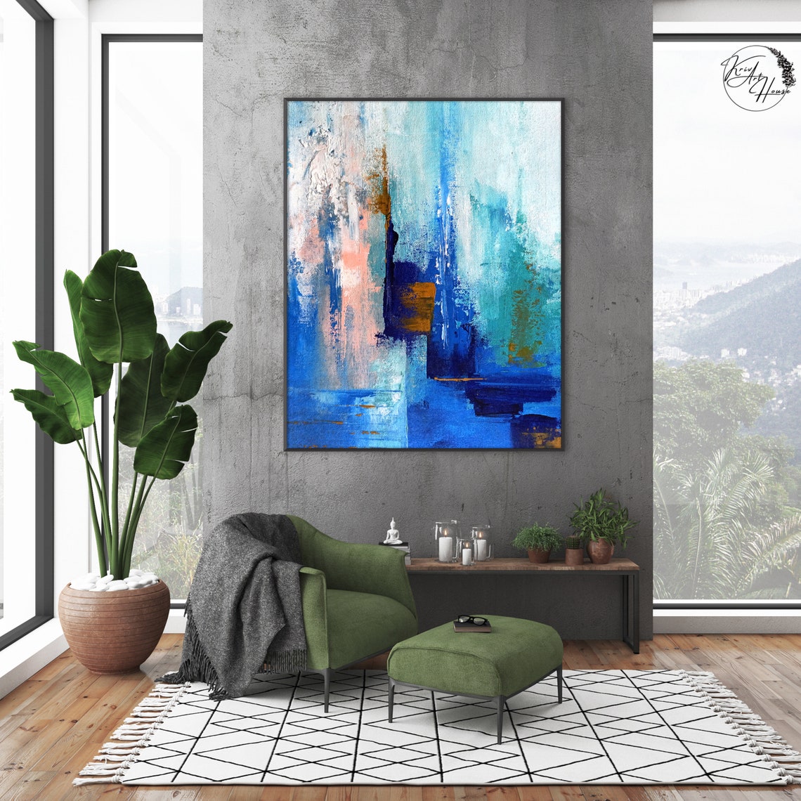 Bold Blue Blocks Teal Pink Gold Abstract Painting Modern Wall Poster - Image 3