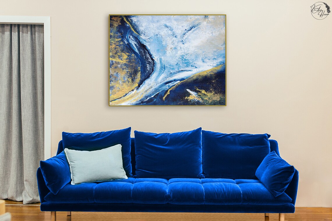 Gold and Blue Abstract Ocean Wave Seascape Modern Art Poster - Image 3