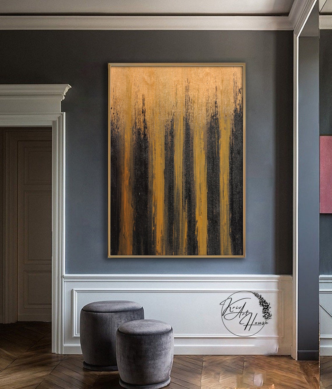 Black and Gold Striped Textured Abstract Horizontal Art Poster - Image 3