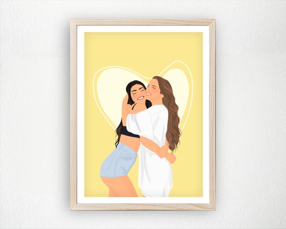 Personalized Best Friends Portrait Custom Hug Illustration Cute Art Gift For Sister Or Bff Heart Background Print