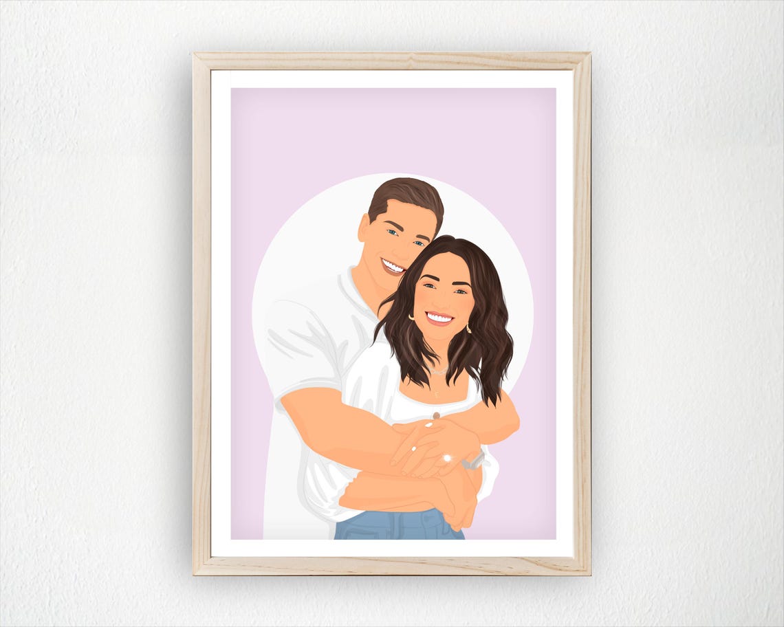 Custom Couple Embrace Portrait Illustration Blush Pink Poster