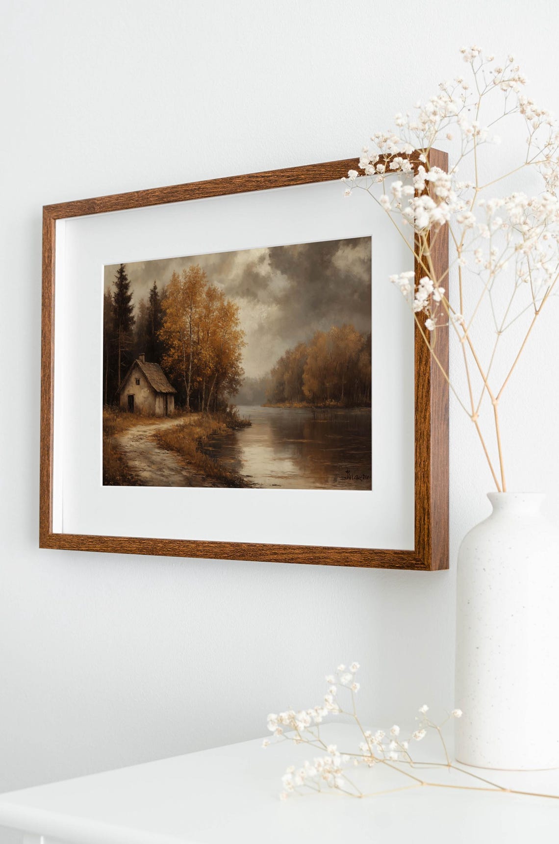 Rustic Cottage By Autumn Lake With Muddy Path Under Cloudy Sky Poster - Image 2