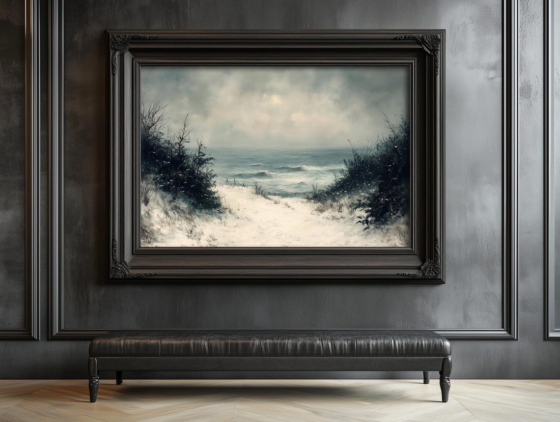 Snowy Beach Path Moody Winter Ocean Seascape Painting Poster - Image 3