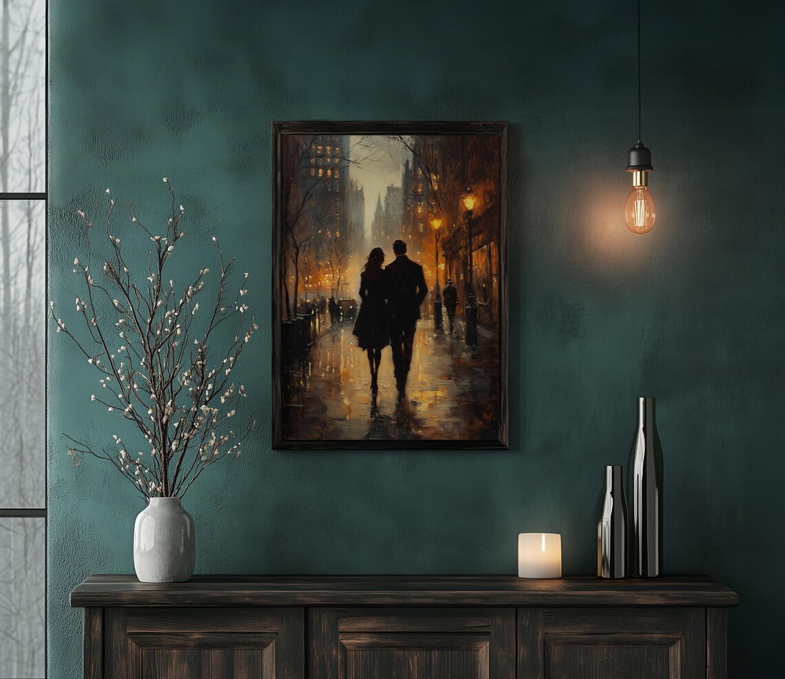 Romantic Couple Strolling a Rainy Lamplit City Street at Dusk Poster - Image 3