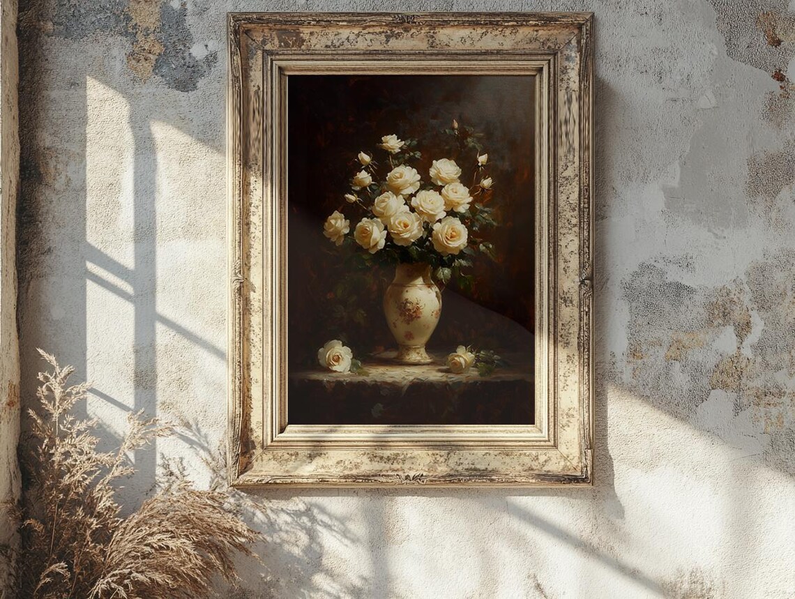 White Roses In Vintage Porcelain Vase Moody Floral Oil Painting Poster - Image 2