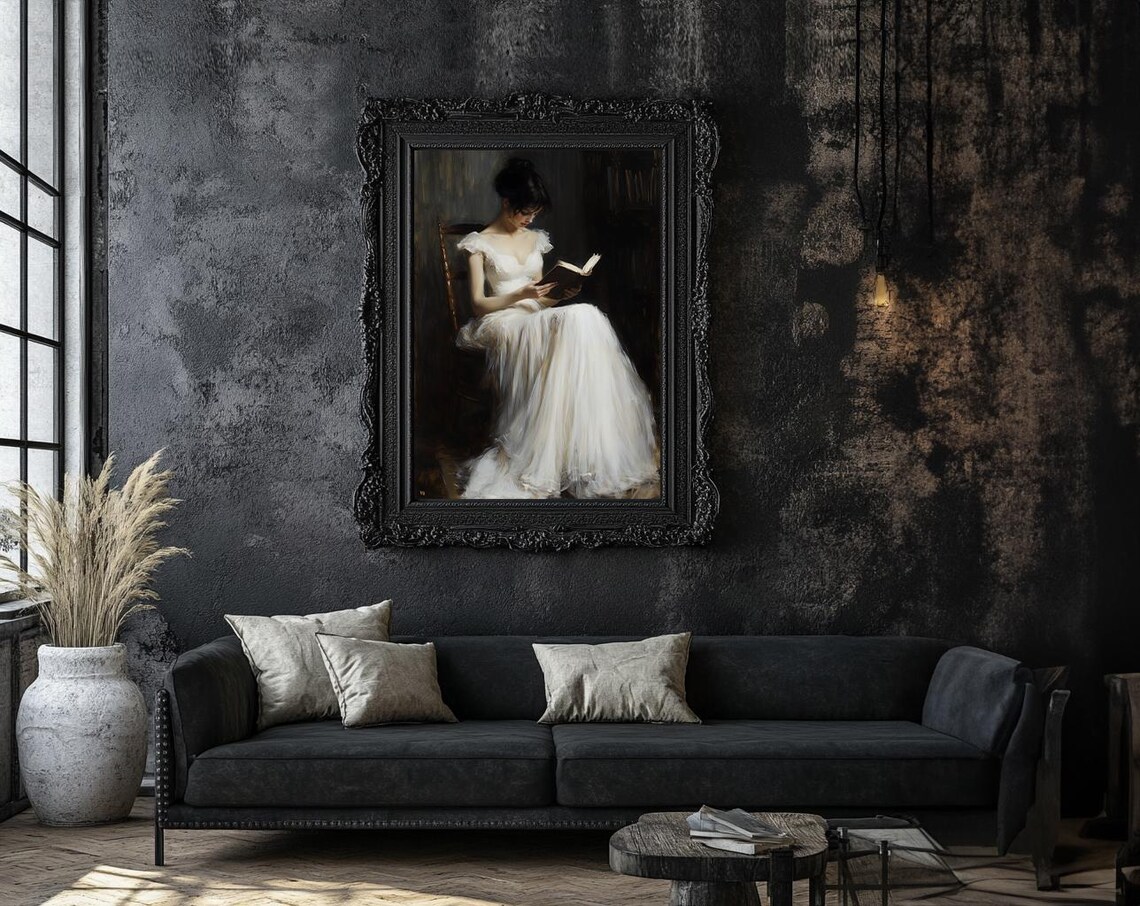 Graceful Woman Reading a Book in a Flowing White Gown Art Poster - Image 4