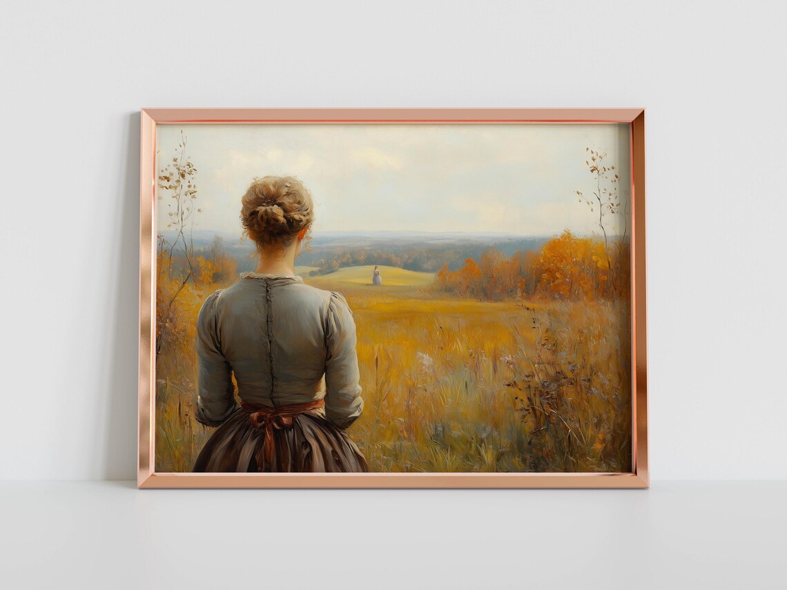 Woman Overlooking Golden Autumn Field With Distant Hill Figure Art Poster