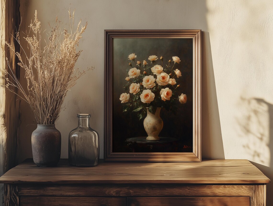 Blush Roses Bouquet in an Ornate Dark Frame Floral Art Poster - Image 5