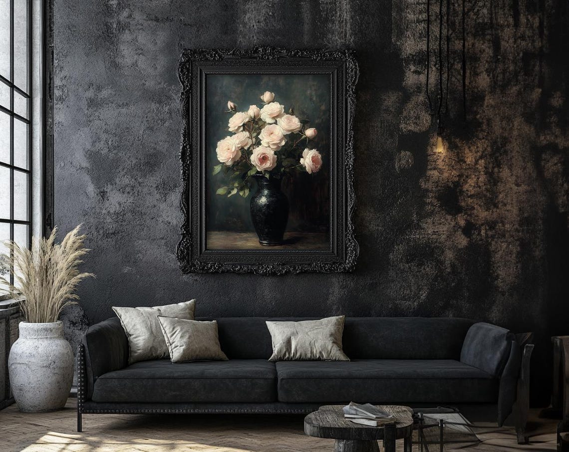 Pale Blush Roses in a Dark Vase Moody Floral Still Life Poster - Image 2
