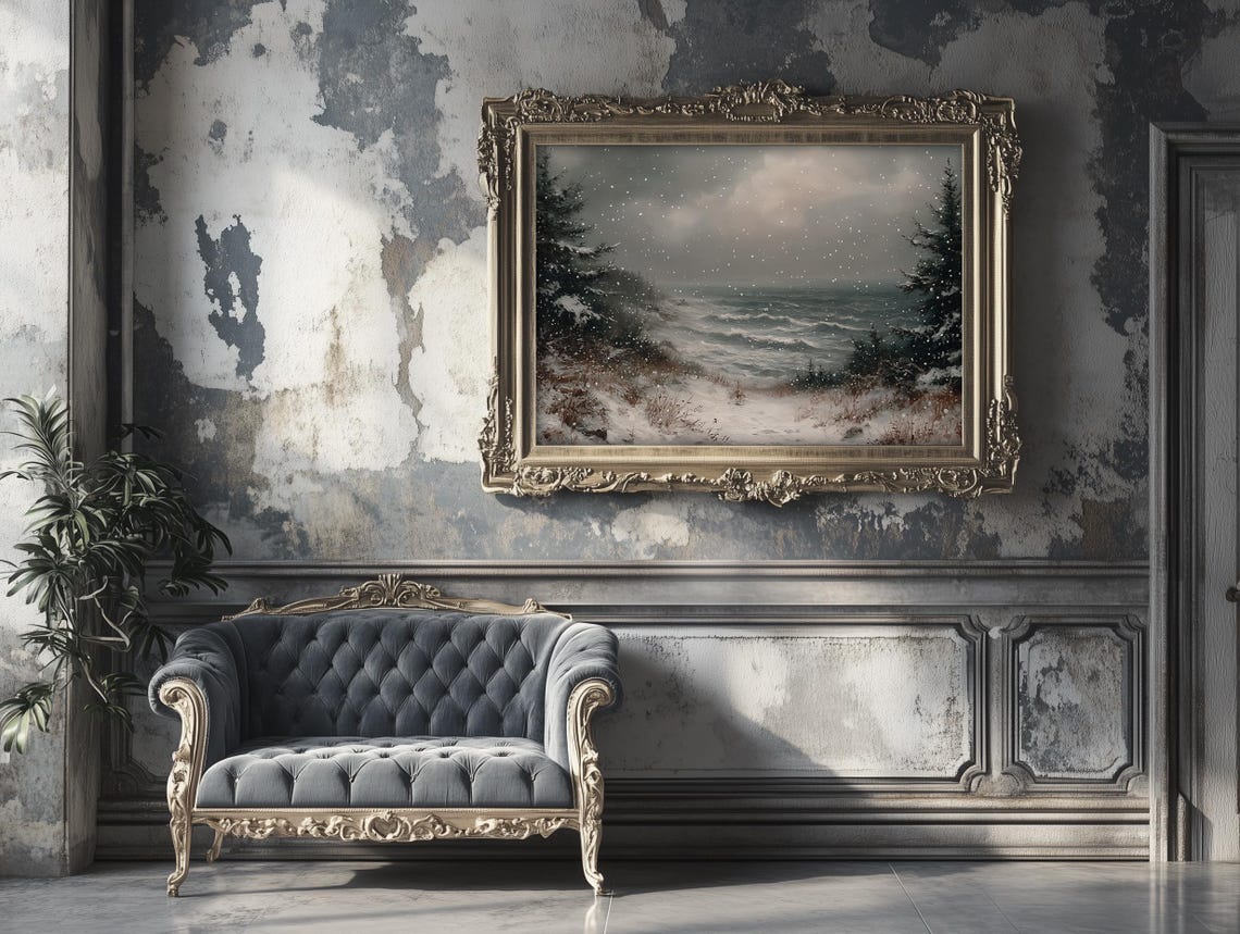 Snowy Seascape with Pines and Rolling Waves Winter Art Poster