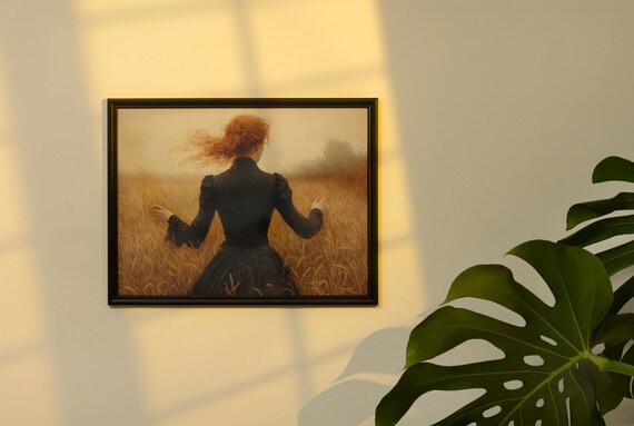 Auburn Haired Woman In Black Gown Facing Golden Wheat Field Dusk Poster