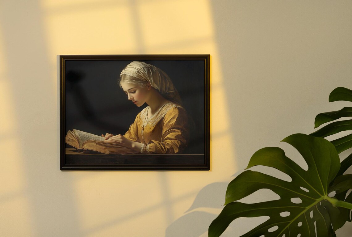 Young Woman Reading Book Classical Oil Painting Portrait Poster