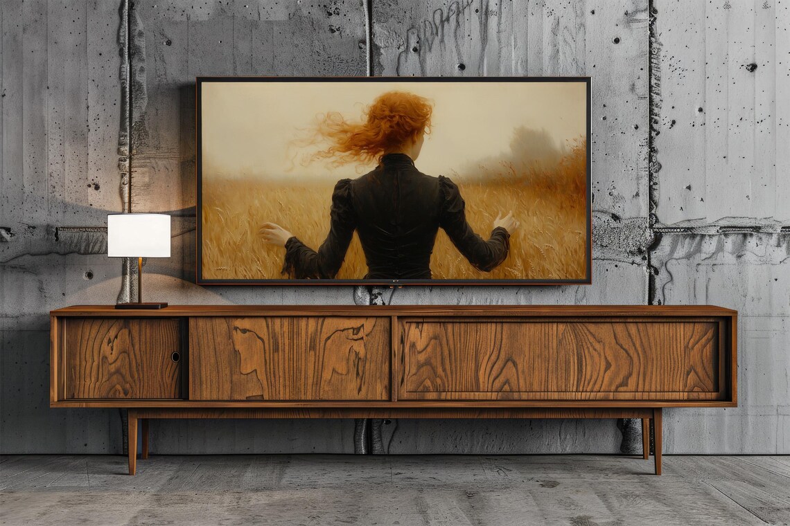 Red Haired Woman In Black Dress Walking Through Wheat Field Art Poster - Image 6