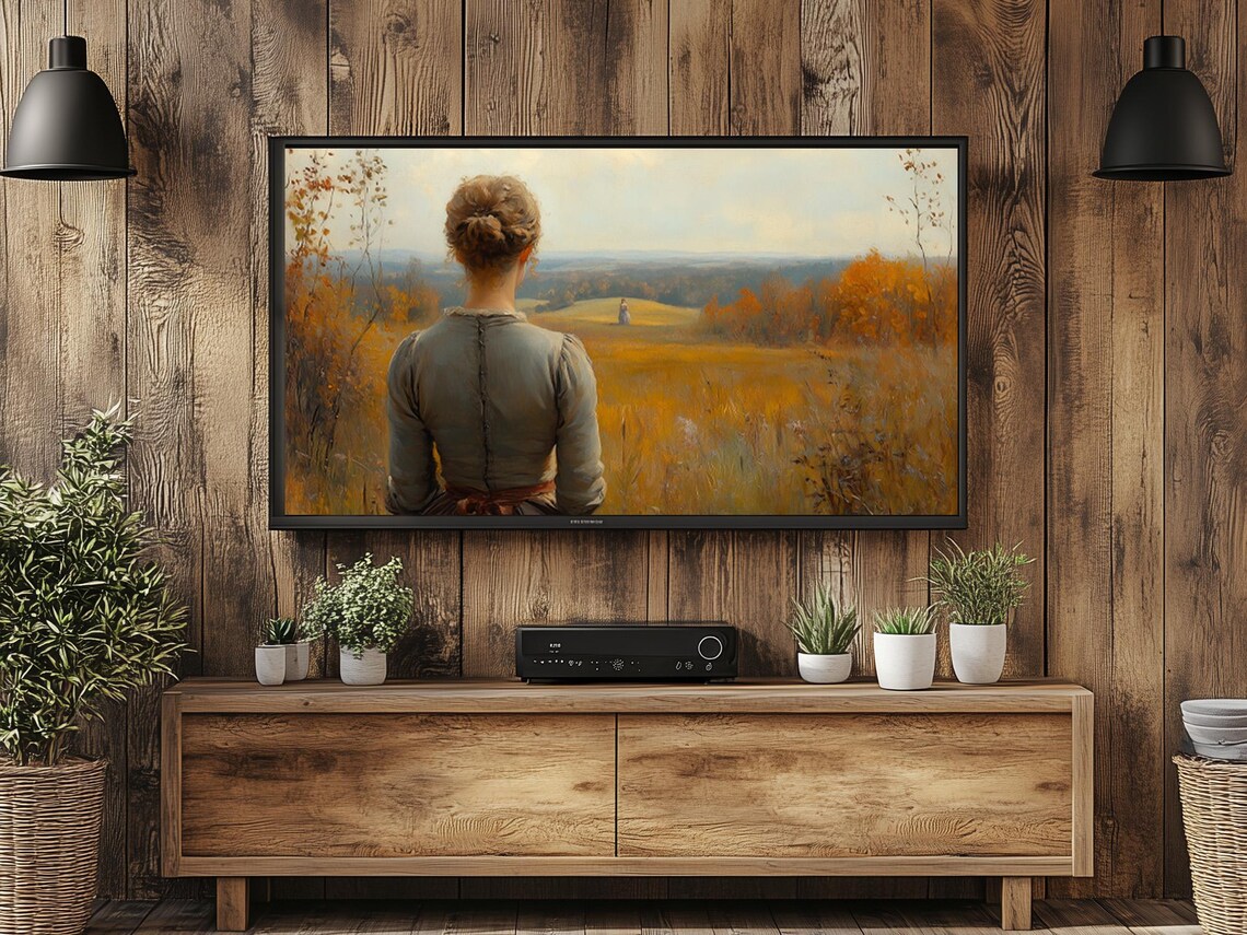 Woman Gazing Over Golden Autumn Field With Distant Figure Poster - Image 2