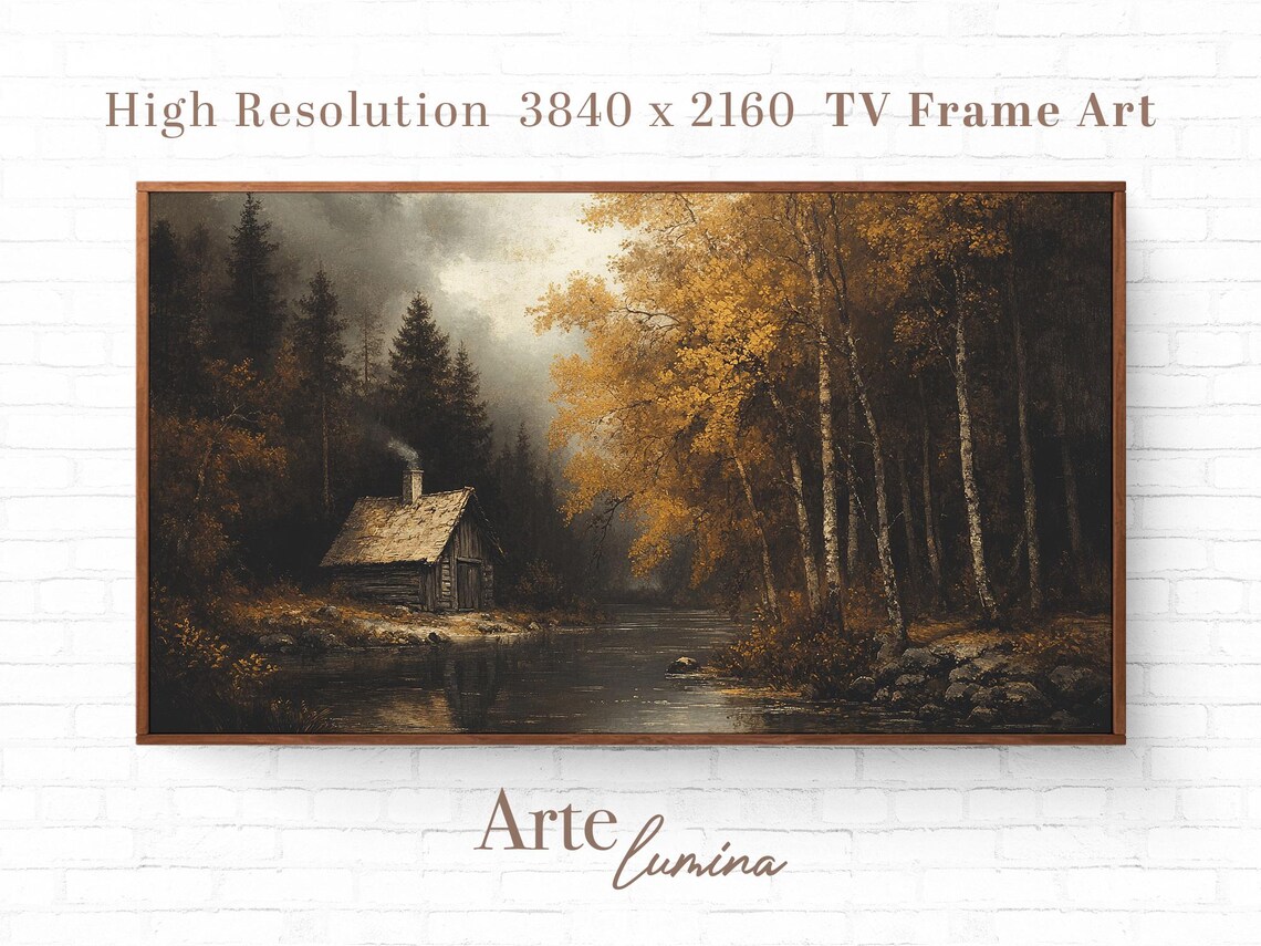 Golden Autumn Cabin Beside a Quiet Forest River Landscape Poster - Image 7