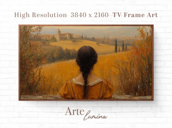 Girl Overlooking Golden Countryside With Distant Village Poster