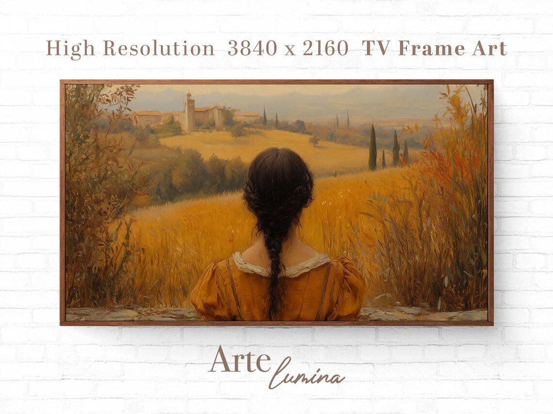 Girl Overlooking Golden Countryside With Distant Village Poster