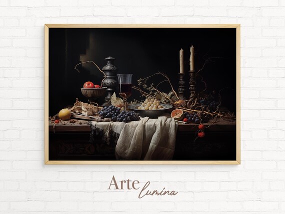 Rustic Still Life Wall Art Print Grapes Candles And Bread In Candlelight Vintage Inspired Oil Painting Decor Print 41