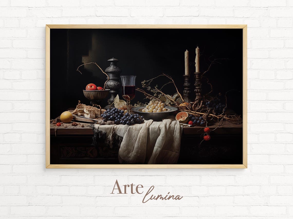 Moody Still Life With Grapes Candles And Bread Vintage Dark Oil Poster