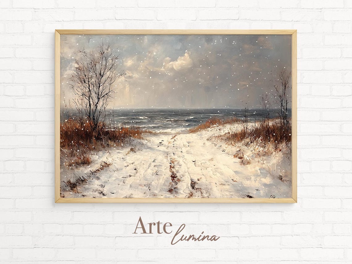Snowy Lakeside Trail Falling Snow Winter Landscape Scene Poster