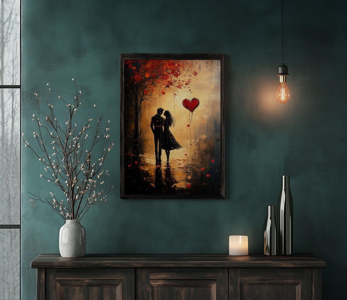 Romantic Lovers Silhouette with Red Heart Balloon Autumn Poster - Image 3