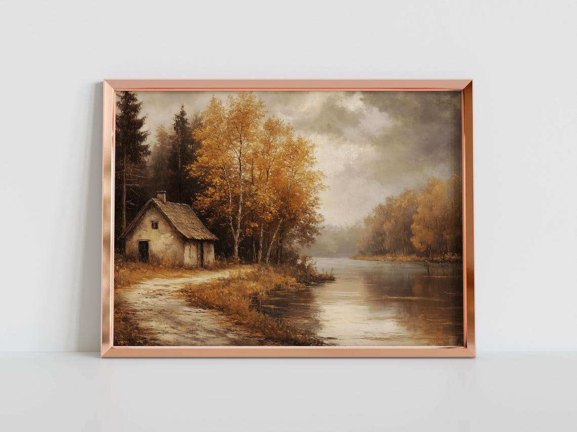 Rustic Cottage By Autumn Lake With Muddy Path Under Cloudy Sky Poster - Image 3