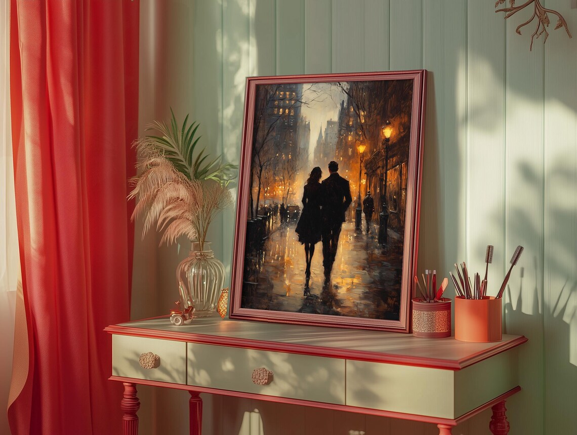 Romantic Couple Strolling a Rainy Lamplit City Street at Dusk Poster - Image 4