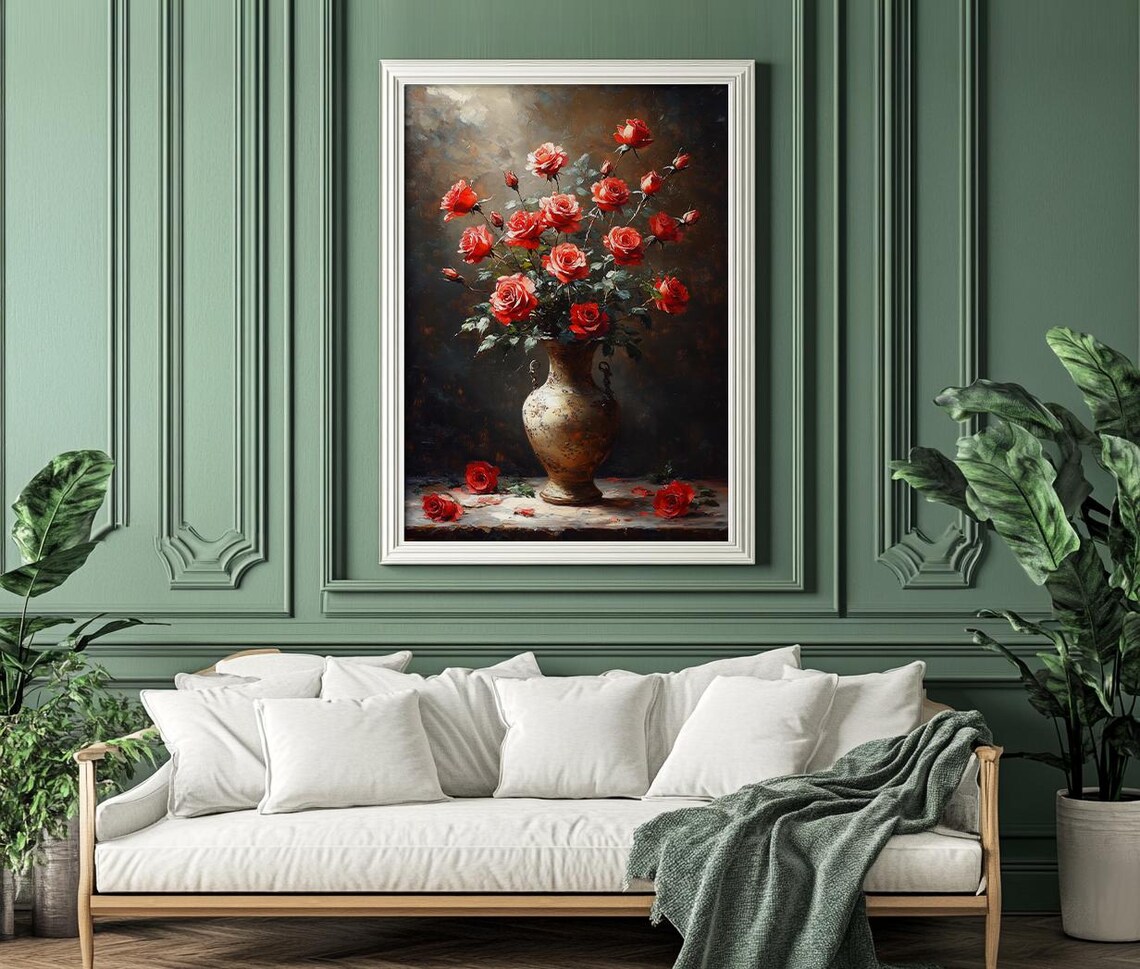 Moody Scarlet Red Roses in an Antique Gold Vase Still Life Poster - Image 4