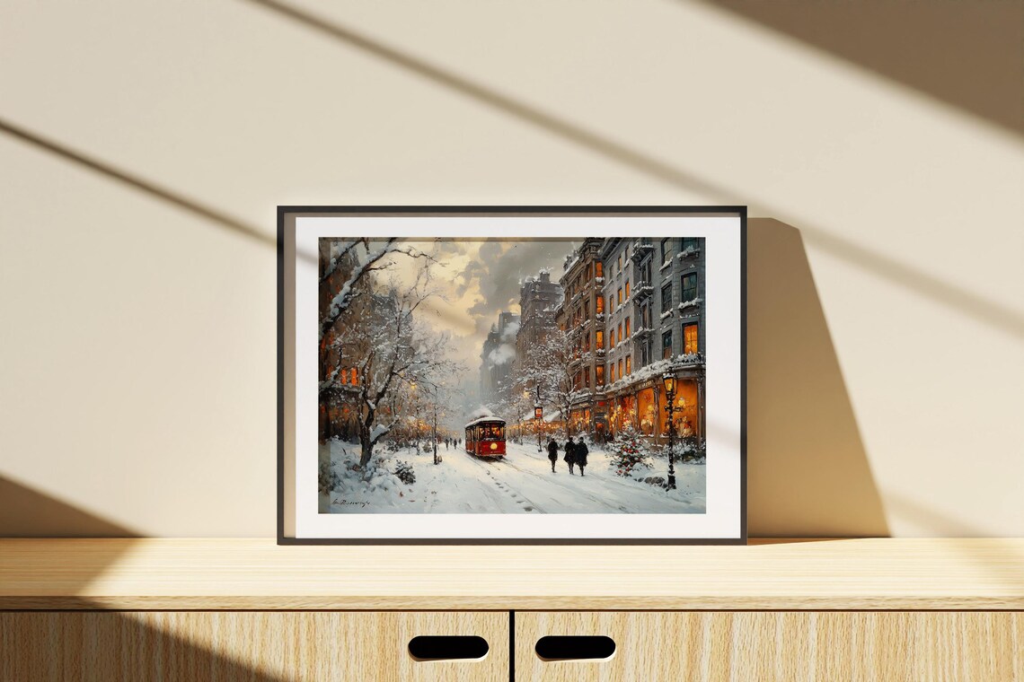 Snowy City Street with a Red Tram at Dusk Winter Painting Poster - Image 5