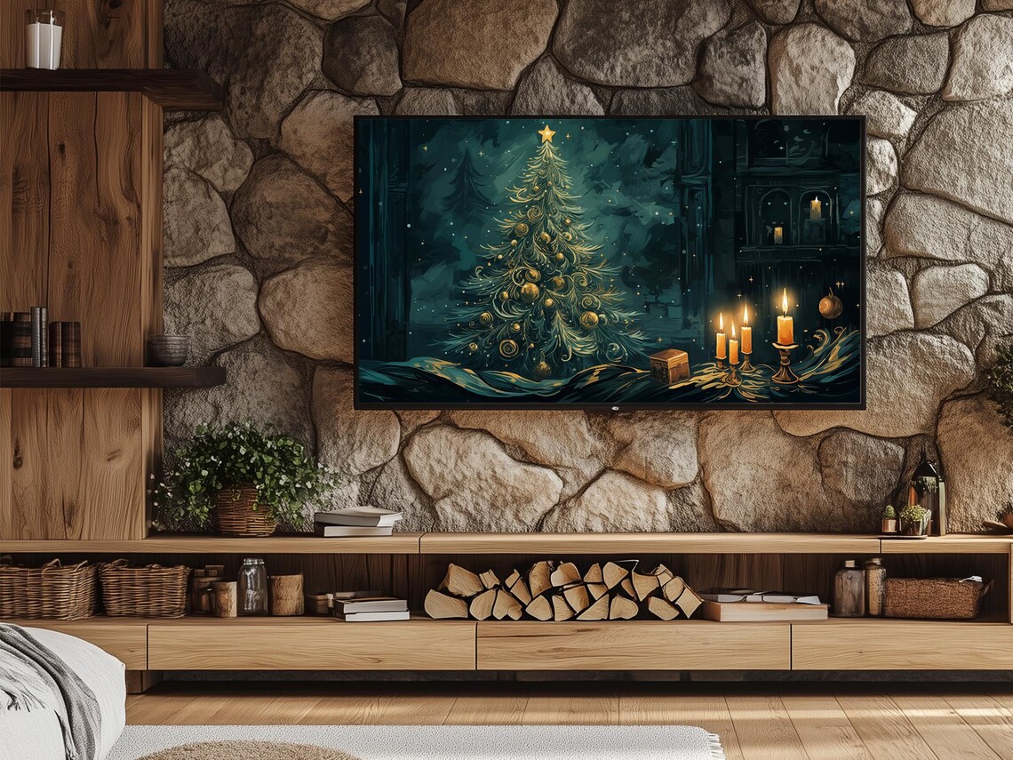 Christmas Still Life With Candles Small Tree Gifts And Moonlit Night Poster - Image 2