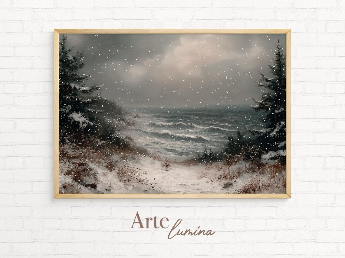 Snowy Seascape with Pines and Rolling Waves Winter Art Poster - Image 7
