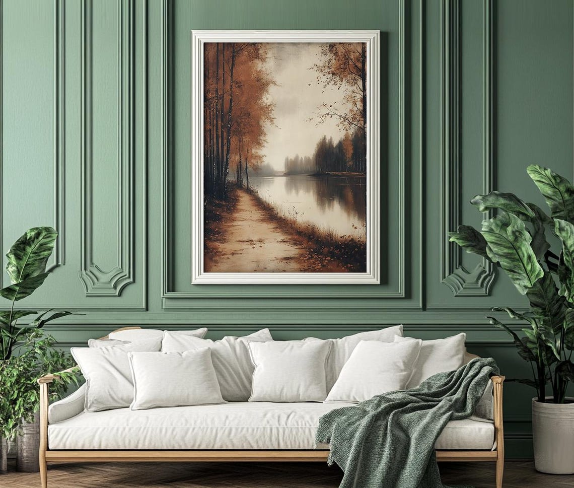 Misty Autumn Lakeshore Path With Birch Trees Vintage Landscape Poster - Image 3