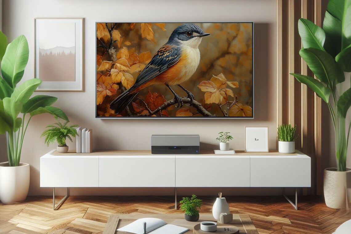 Blue And Orange Songbird On Autumn Branch Among Golden Leaves Poster - Image 2