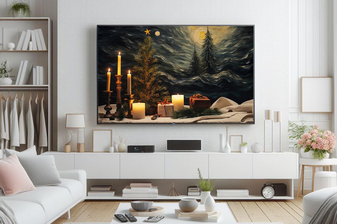 Christmas Tree With Gold Baubles Candles And Gifts By Dark Window Poster - Image 3