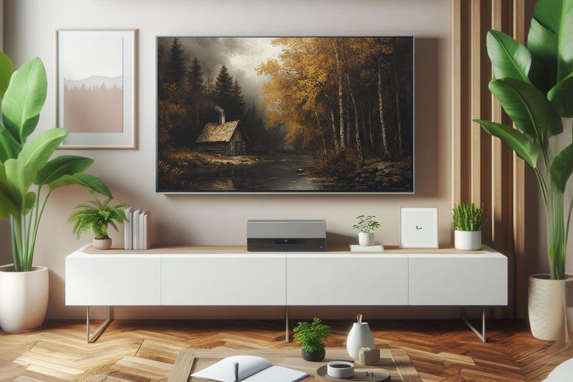 Golden Autumn Cabin Beside a Quiet Forest River Landscape Poster - Image 2