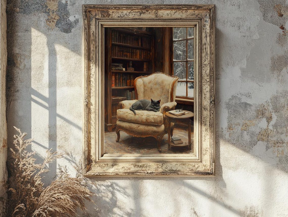 Black Cat Sleeping In Library Print Cozy Wall Art Sleeping Cat Painting Cat Wall Art Wall Decor Print 69 - Image 3