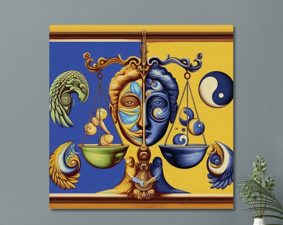 Surreal Yin Yang Justice Scales Split Face Blue Gold Harmony Poster