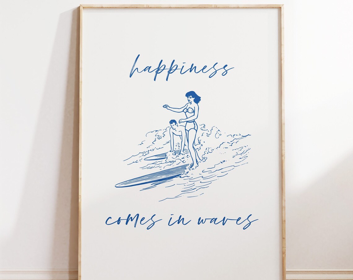 Happiness Comes in Waves Retro Surf Couple Beach Quote Art Poster