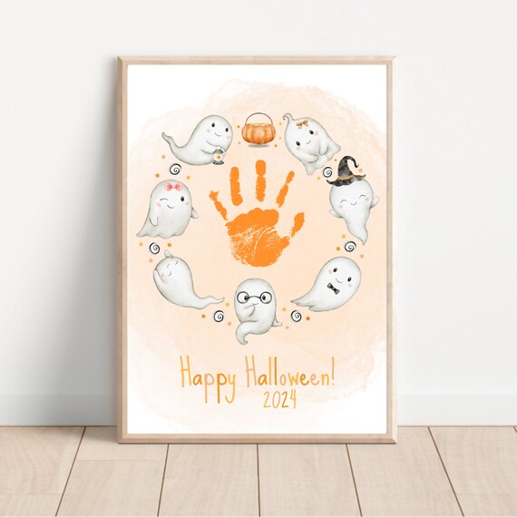 Happy Halloween 2024 Baby Handprint Cute Ghost Circle Keepsake Art Poster