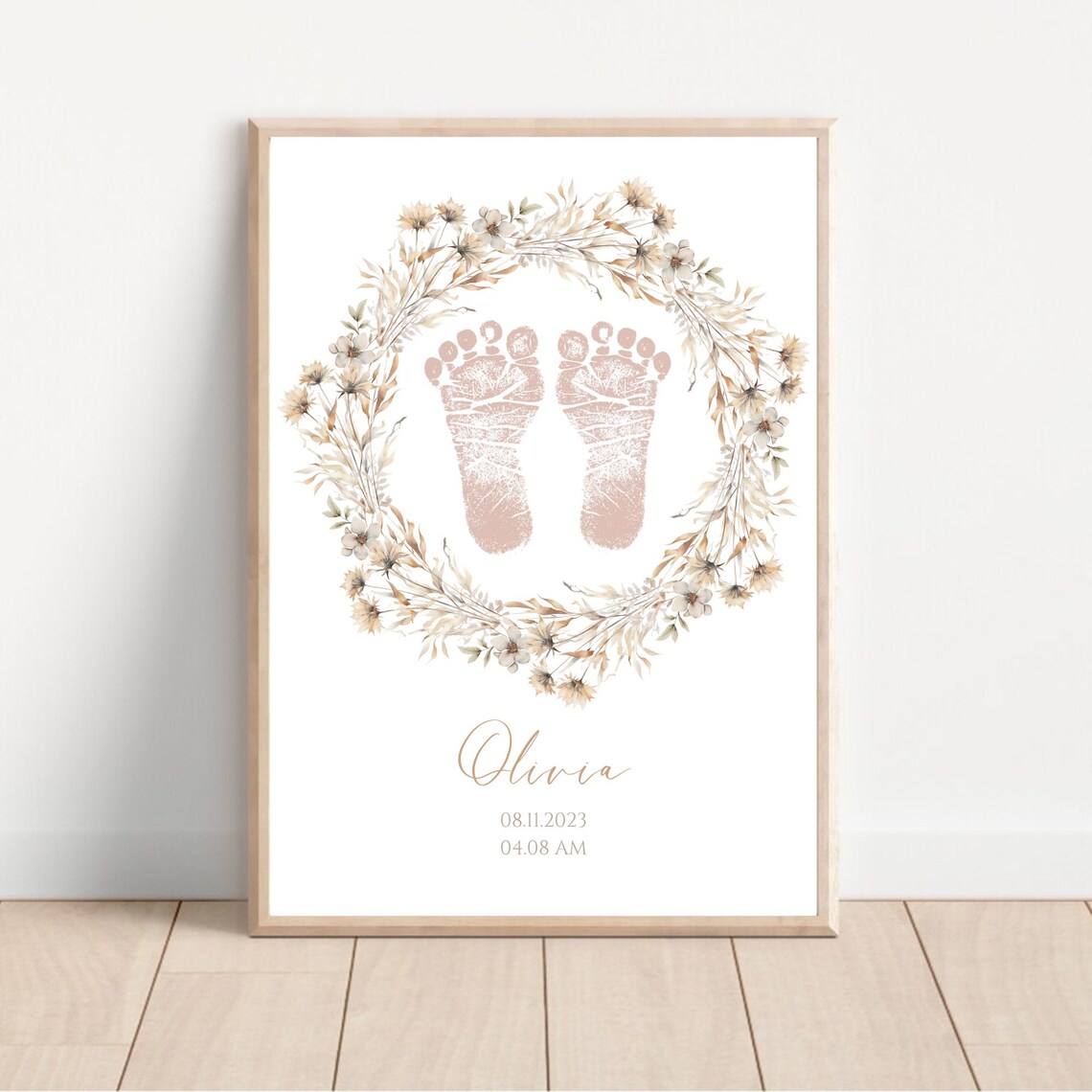 Floral Beige Baby Footprints Keepsake, Nursery Design - Image 3